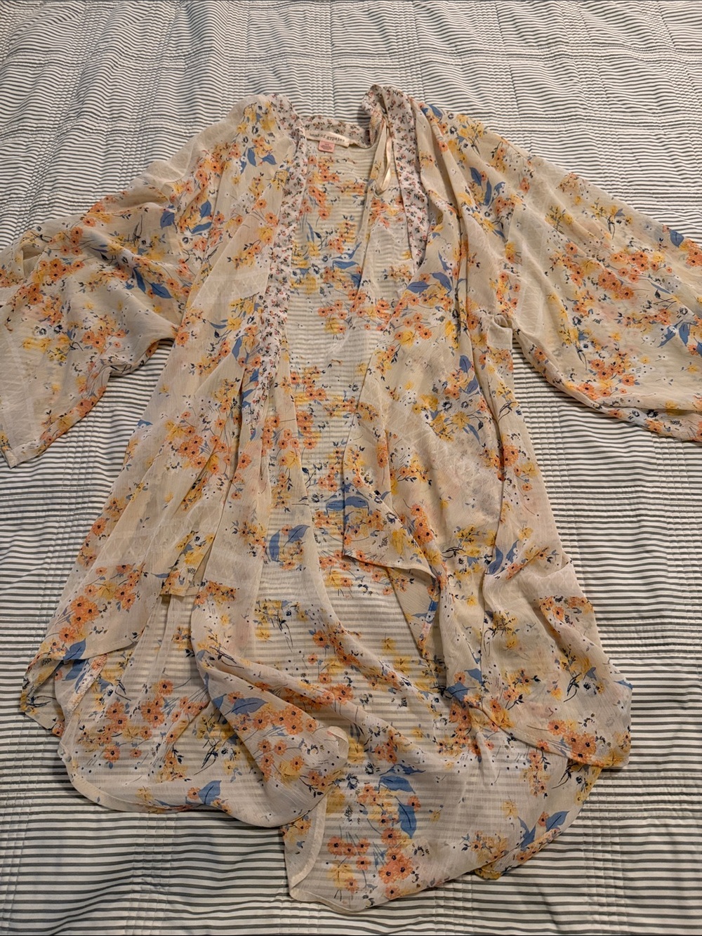 Band of Gypsies Cream Sheer Floral Kimono with Blue and Orange Accents